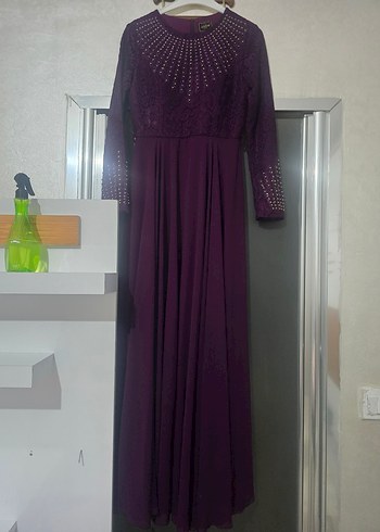 Uzun Kollu Mor Drape Detaylı Kadın Abiye Elbise - Görsel 2