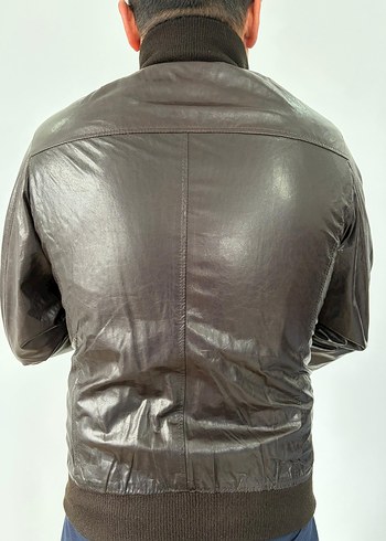 Düğmeli Kahverengi Erkek Hakiki Deri Biker Ceket - Görsel 2