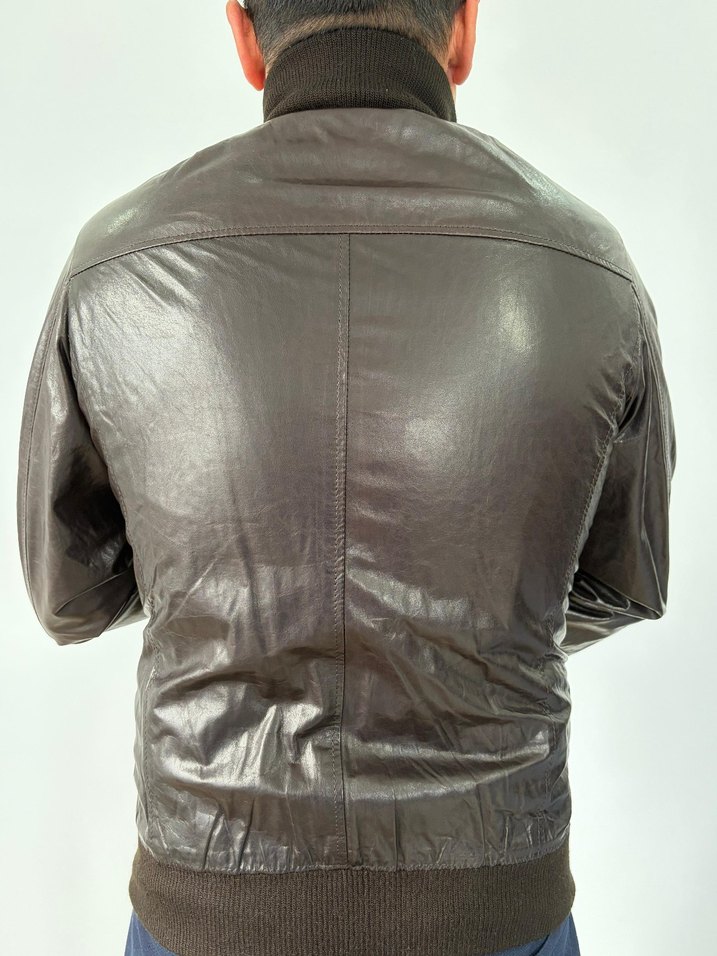 Düğmeli Kahverengi Erkek Hakiki Deri Biker Ceket - Görsel 2