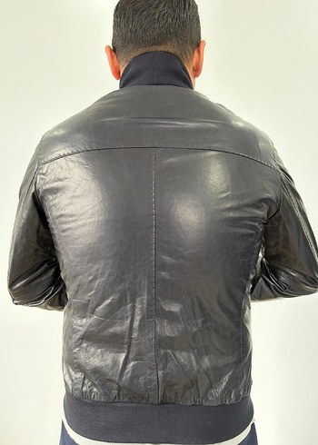 Siyah Hakiki Deri Biker Ceket Yüksek Yaka - Görsel 2