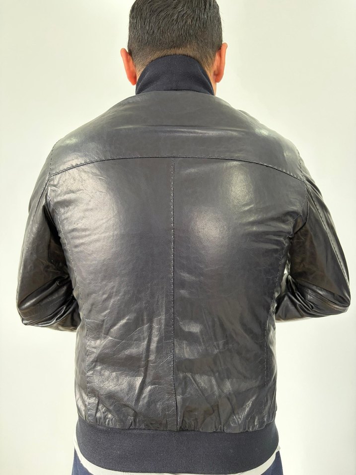 Siyah Hakiki Deri Biker Ceket Yüksek Yaka - Görsel 2