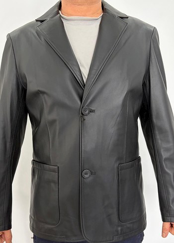 Siyah Hakiki Deri Düğmeli Erkek Ceket - Görsel 3