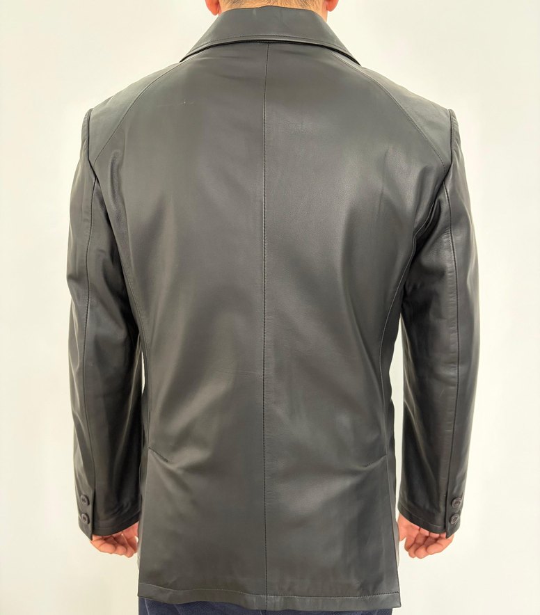 Siyah Hakiki Deri Düğmeli Erkek Ceket - Görsel 2