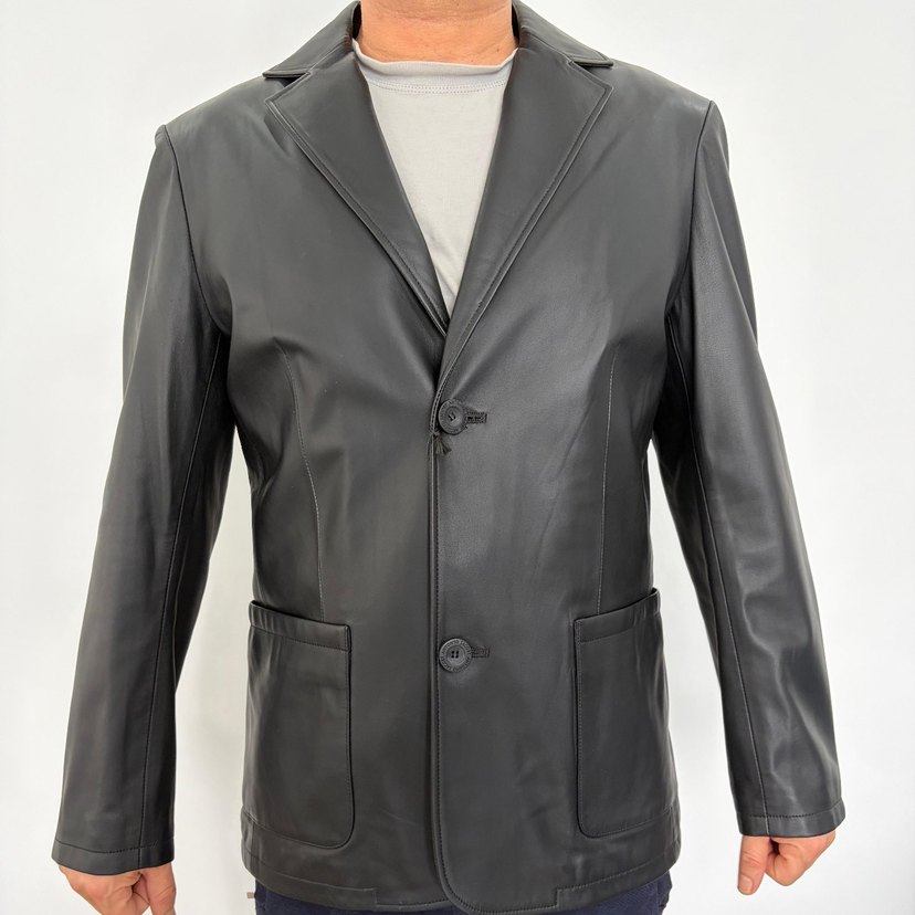 Siyah Hakiki Deri Düğmeli Erkek Ceket - Görsel 3