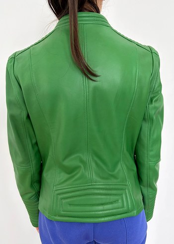 hakiki deri Yeşil Kadın Deri Biker Ceket - Görsel 2