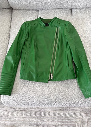 hakiki deri Yeşil Kadın Deri Biker Ceket - Görsel 3