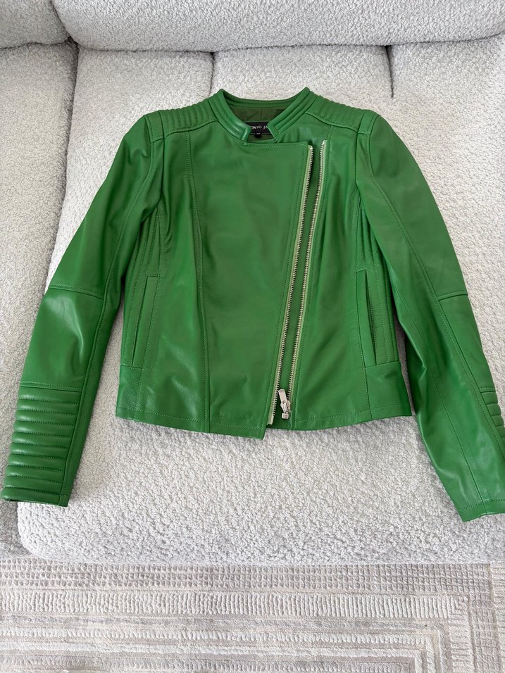 hakiki deri Yeşil Kadın Deri Biker Ceket - Görsel 3