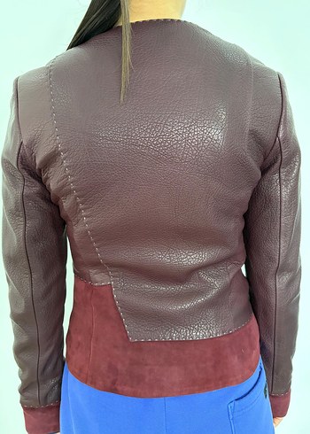 Bordo Hakiki Deri Kadın Biker Ceket - Görsel 2