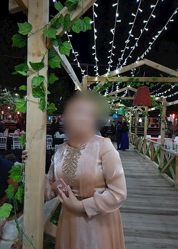 Bej Uzun Kollu Drapeli Abiye Elbise - Görsel 2