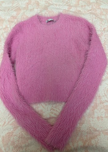 Pembe Tüylü Kadın Yün Kazak - Görsel 2