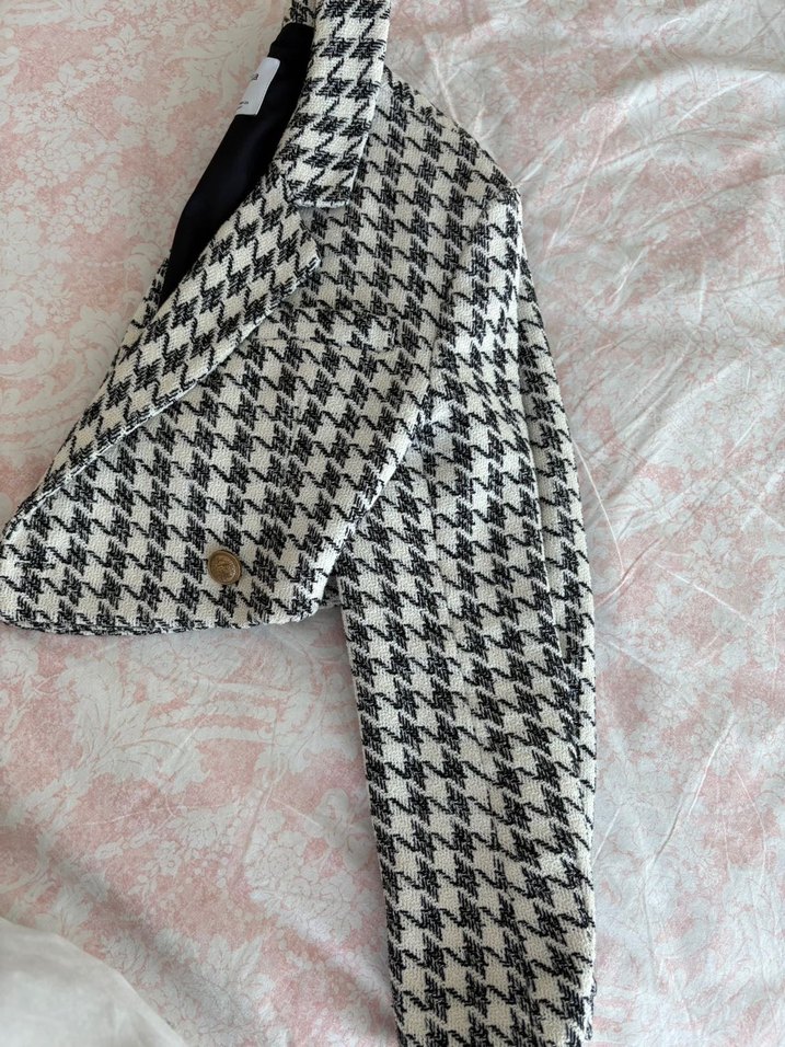 Kadın Beyaz Siyah Kazayağı Desenli Mini Ceket - Görsel 3