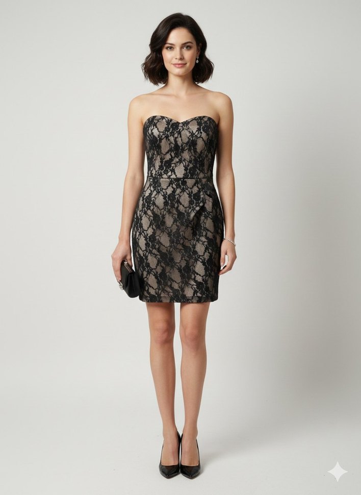 Siyah Dantel Detaylı Midi Straplez Elbise - Görsel 2