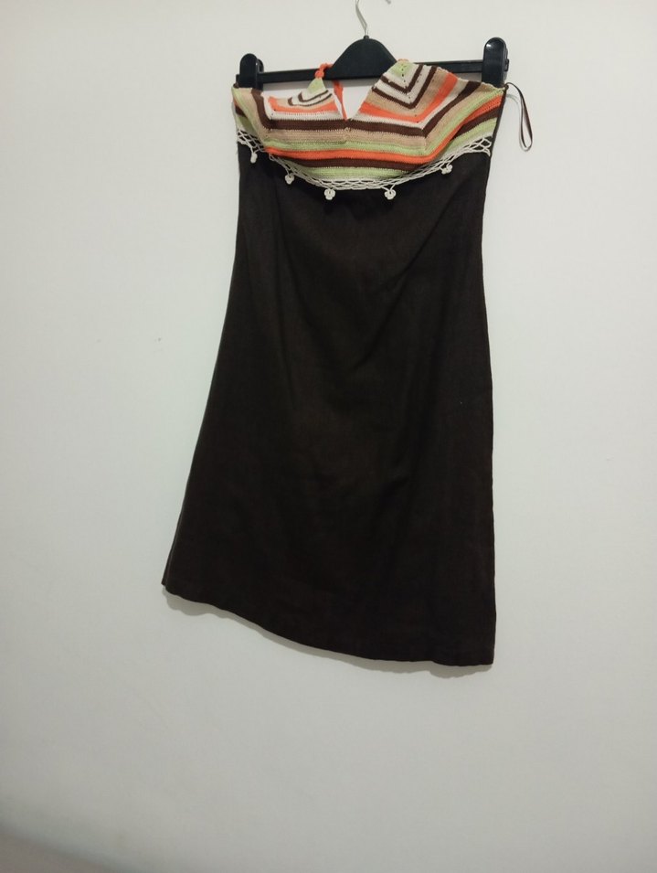 Bohem Etnik Desenli Askılı midi Herry Elbise 38 %100 ham keten - Görsel 5