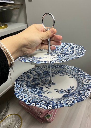 Mavi Çiçek Desenli İki Katlı Servis Tabağı - Görsel 2