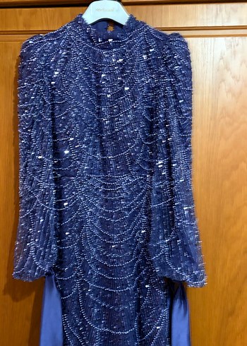 mor İşlemeli Drapeli Uzun Abiye Elbise - Görsel 13