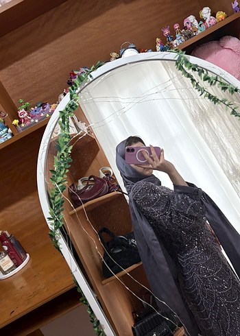 mor İşlemeli Drapeli Uzun Abiye Elbise - Görsel 4