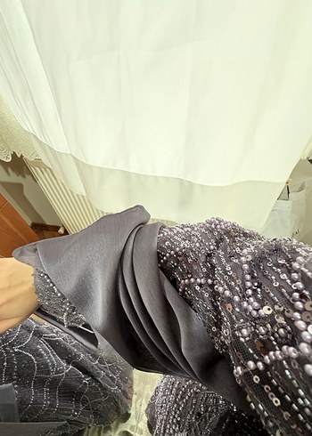 mor İşlemeli Drapeli Uzun Abiye Elbise - Görsel 2