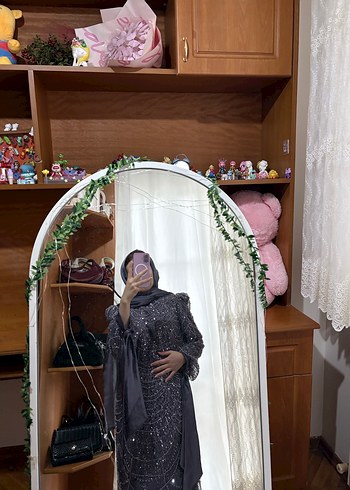 mor İşlemeli Drapeli Uzun Abiye Elbise - Görsel 11