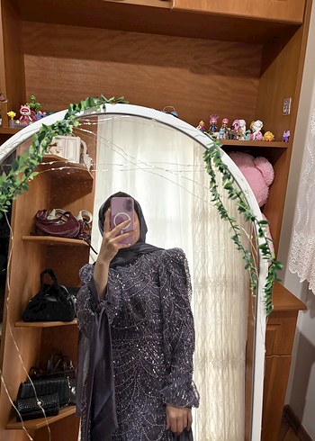 mor İşlemeli Drapeli Uzun Abiye Elbise - Görsel 6