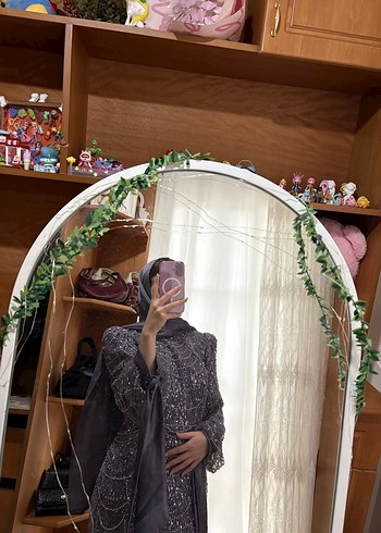 mor İşlemeli Drapeli Uzun Abiye Elbise - Görsel 8