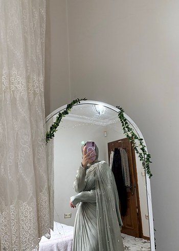 yeşil Drapeli Uzun Abiye Elbise - Görsel 2