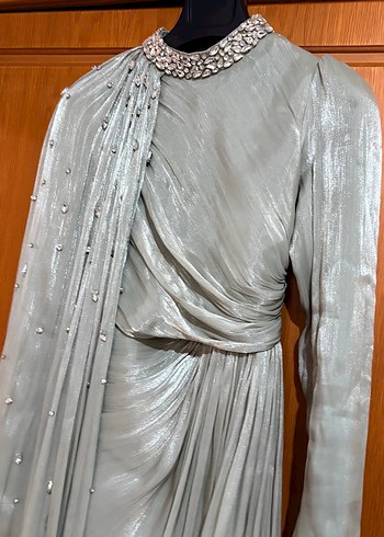 yeşil Drapeli Uzun Abiye Elbise - Görsel 10