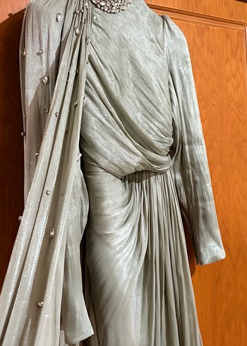 yeşil Drapeli Uzun Abiye Elbise - Görsel 7