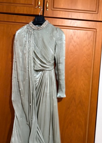 yeşil Drapeli Uzun Abiye Elbise - Görsel 9