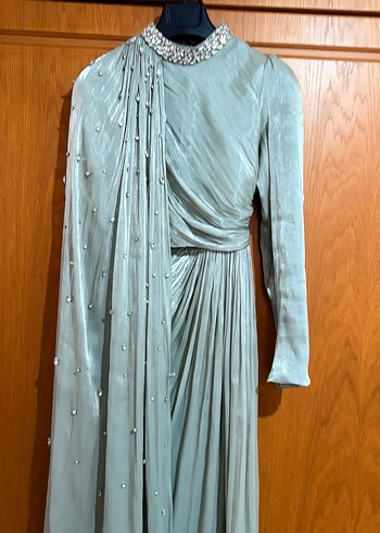 yeşil Drapeli Uzun Abiye Elbise - Görsel 8