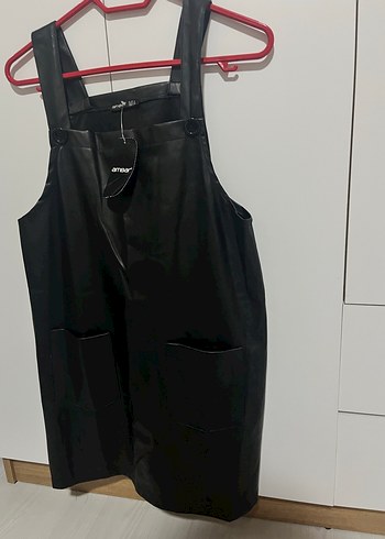 Siyah Deri Kolsuz Midi Salopet - Görsel 3