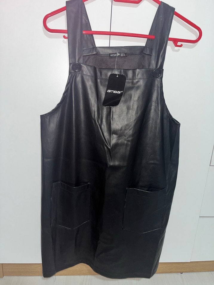 Siyah Deri Kolsuz Midi Salopet - Görsel 4