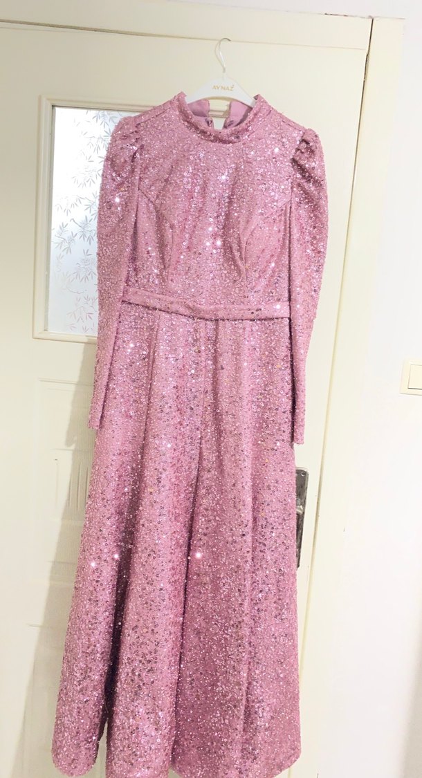 Uzun Kollu Pembe Parlak Abiye Elbise - Görsel 2