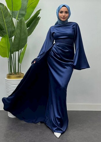 Lacivert Uzun Kollu Drapeli Abiye Elbise - Görsel 2