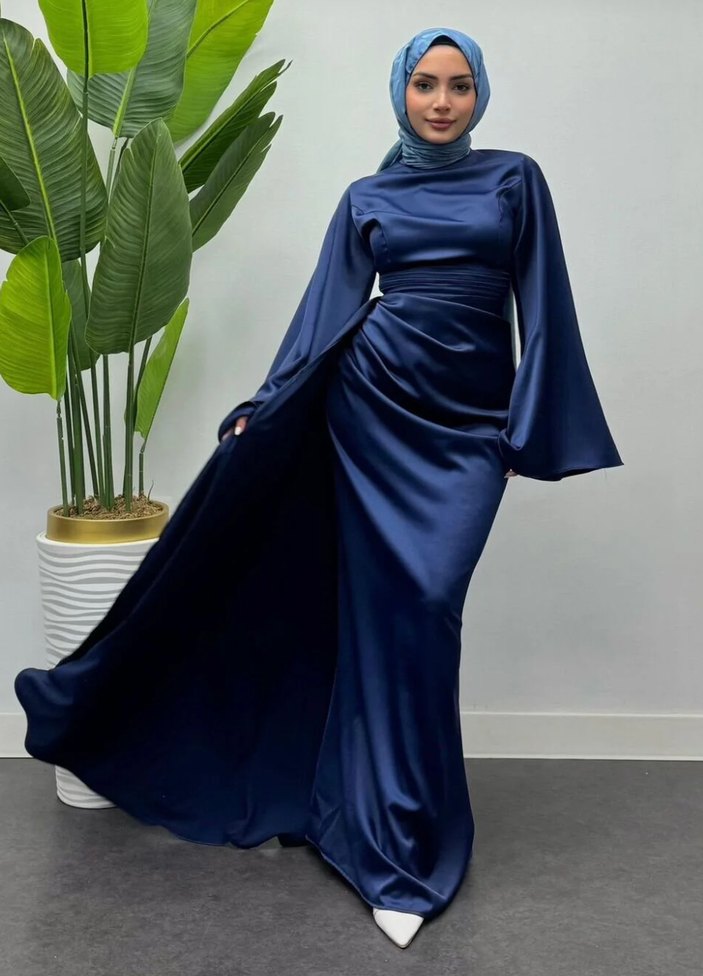 Lacivert Uzun Kollu Drapeli Abiye Elbise - Görsel 2