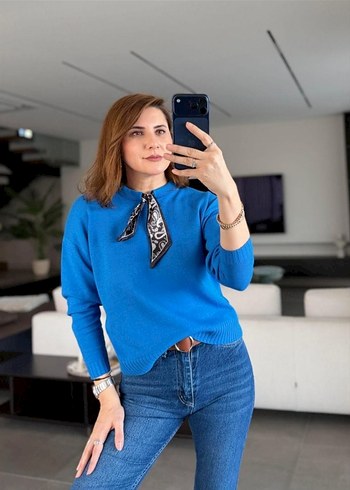 Kahverengi Bağlamalı Yaka Triko Kazak - Görsel 2