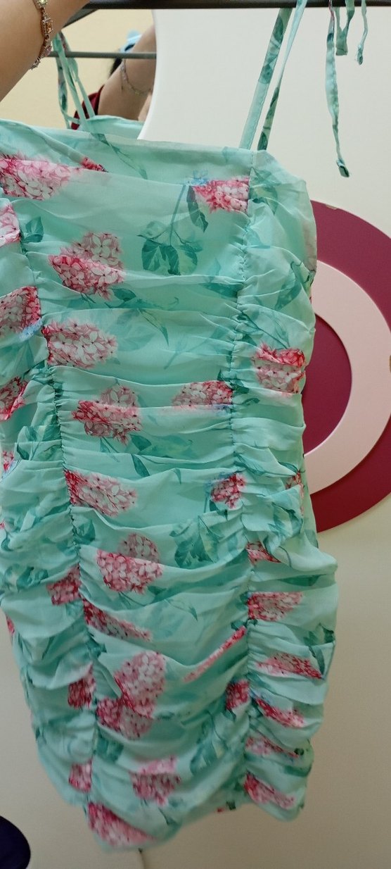 Pembe Çiçekli Fırfırlı Mini Elbise - Görsel 2