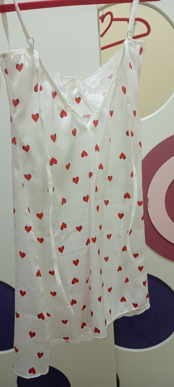 Kalp Desenli Beyaz Midi Kadın Gecelik - Görsel 2