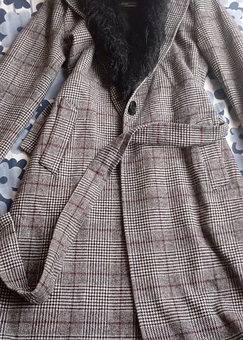 Kürk Detaylı Gri Ekose Midi Kadın Kaban - Görsel 2