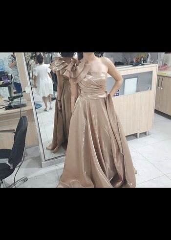 Bej Drapeli Uzun Abiye Elbise - Görsel 2