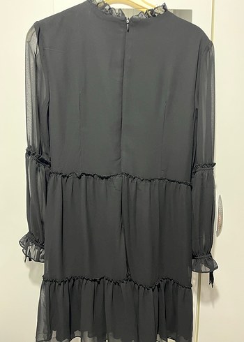 Uzun Kollu Siyah Fırfırlı Siyah Elbise - Görsel 6