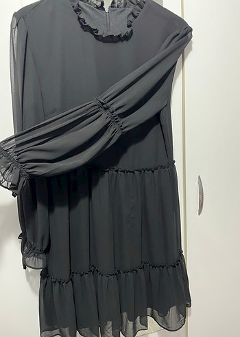 Uzun Kollu Siyah Fırfırlı Siyah Elbise - Görsel 5