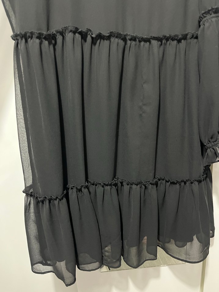 Uzun Kollu Siyah Fırfırlı Siyah Elbise - Görsel 3