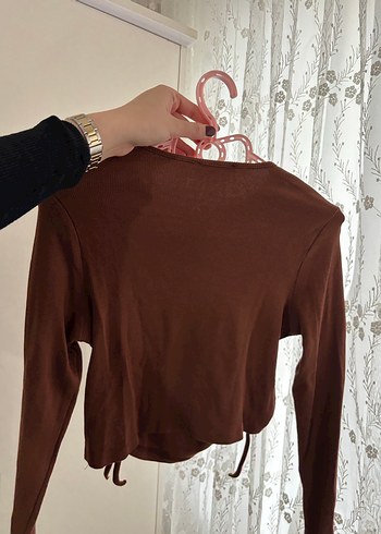 Büzgülü Kahverengi Uzun Kollu Kadın Crop Bluz - Görsel 2