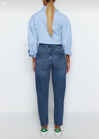 Düğmeli Mavi Kadın Denim Pantolon - Görsel 2