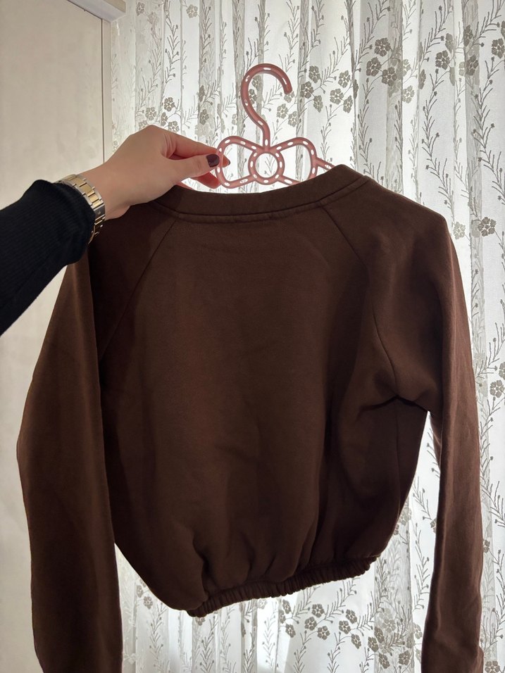 Kahverengi Süet V Yaka Kadın Sweatshirt - Görsel 3