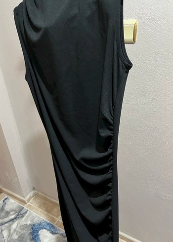 Drapeli Siyah Uzun Kadın Elbise - Görsel 2