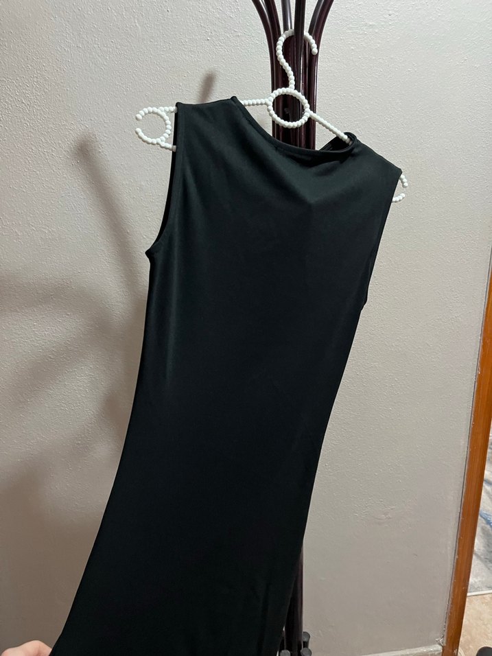 Drapeli Siyah Uzun Kadın Elbise - Görsel 4