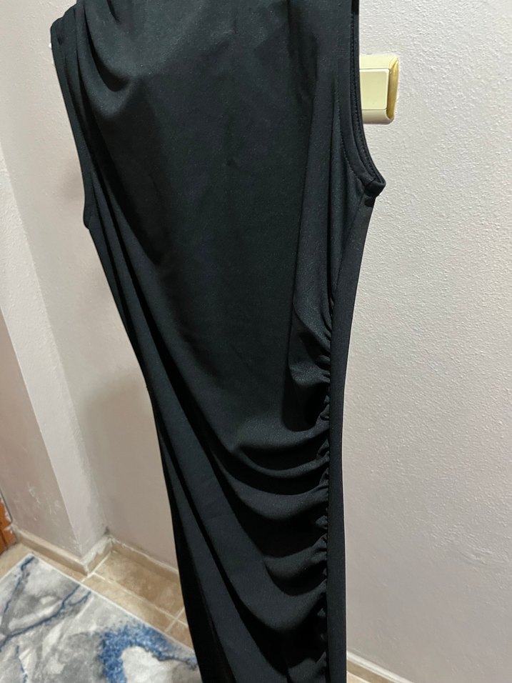 Drapeli Siyah Uzun Kadın Elbise - Görsel 2