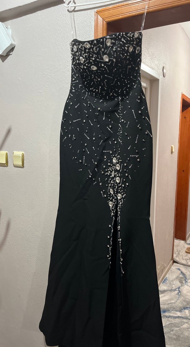 Siyah Payetli Uzun straplez yakalı 38 beden  Kadın Abiye Elbise - Görsel 2