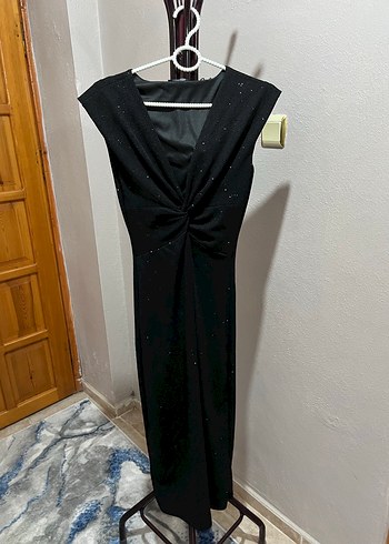 Drapeli Siyah Uzun Abiye Elbise - Görsel 4
